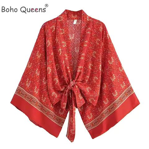 Kimono Bohème Fleuri Rouge Court