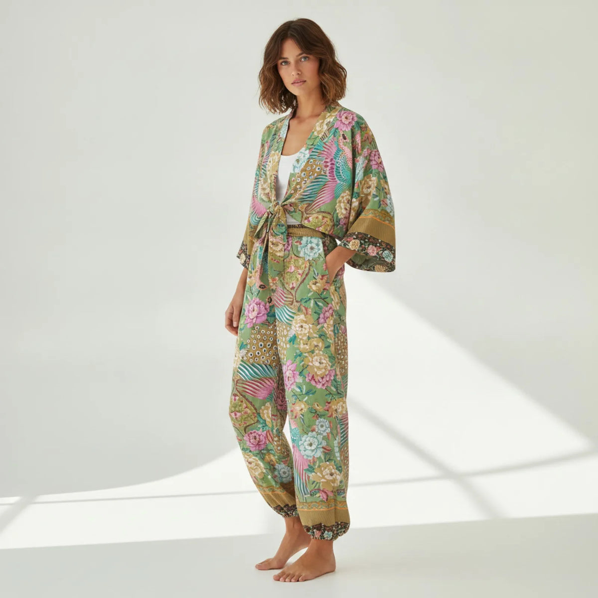 Ensemble Bohème Chic Kimono Fleuri & Pantalon Large