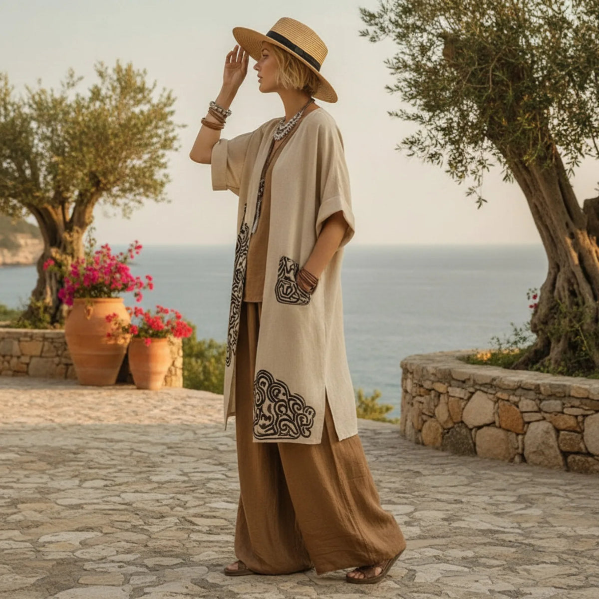 Ensemble Kimono Bohème 3 Pièces Imprimé Géométrique