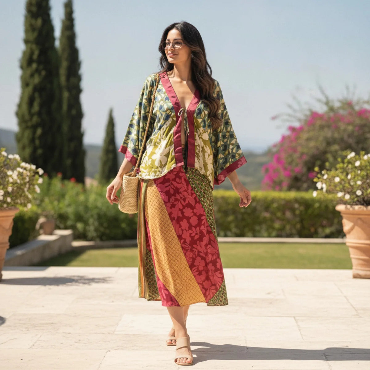 Ensemble Bohème Chic Floral Kimono & Jupe Mi-Longue