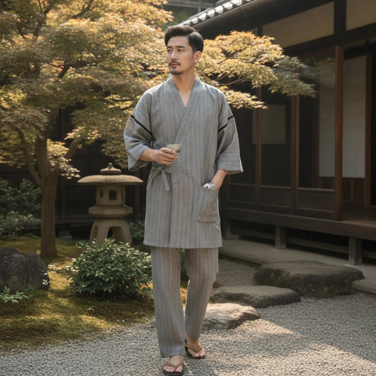 Kimono Homme Vintage Rayé Khaki