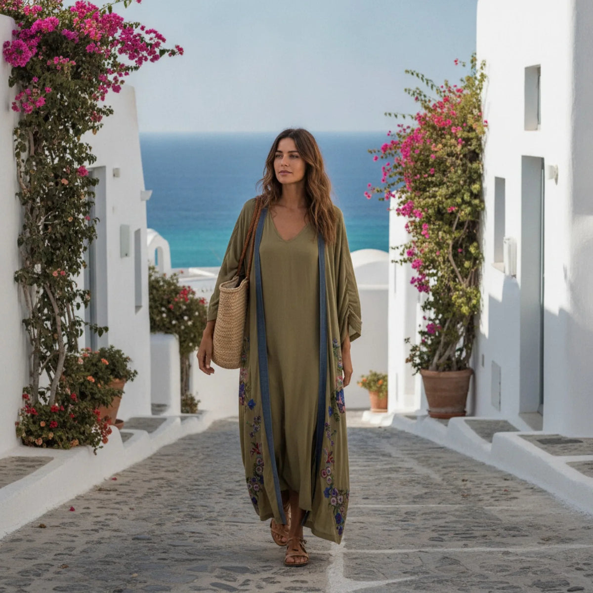 Kimono Bohème Chic Brodé Vert Armée