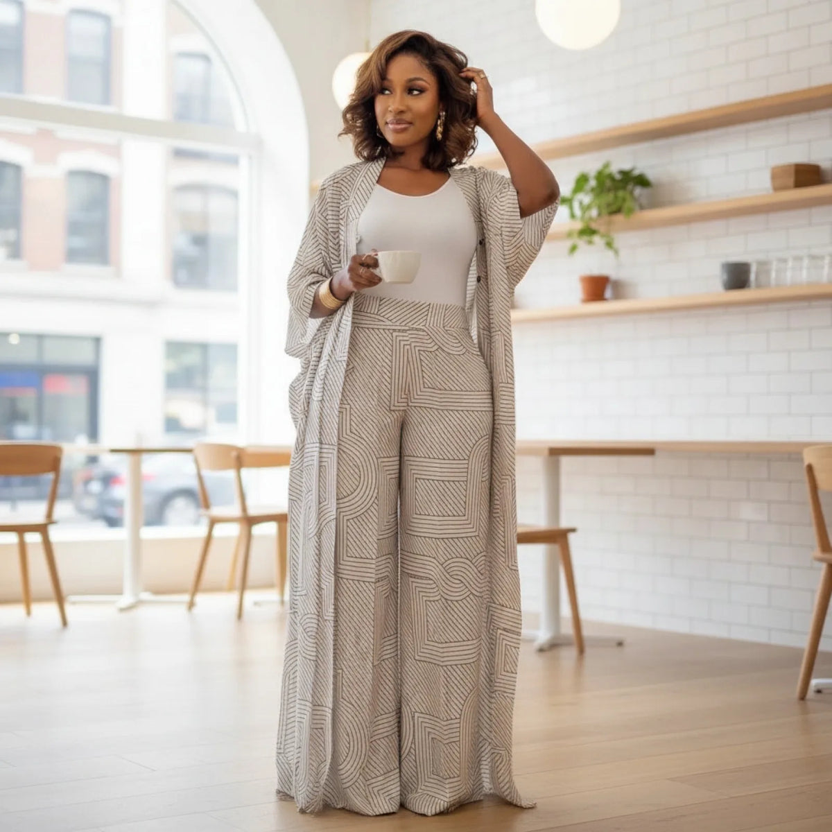 Ensemble 2 pièces femme : Blouse Kimono & Pantalon Large Gris Clair