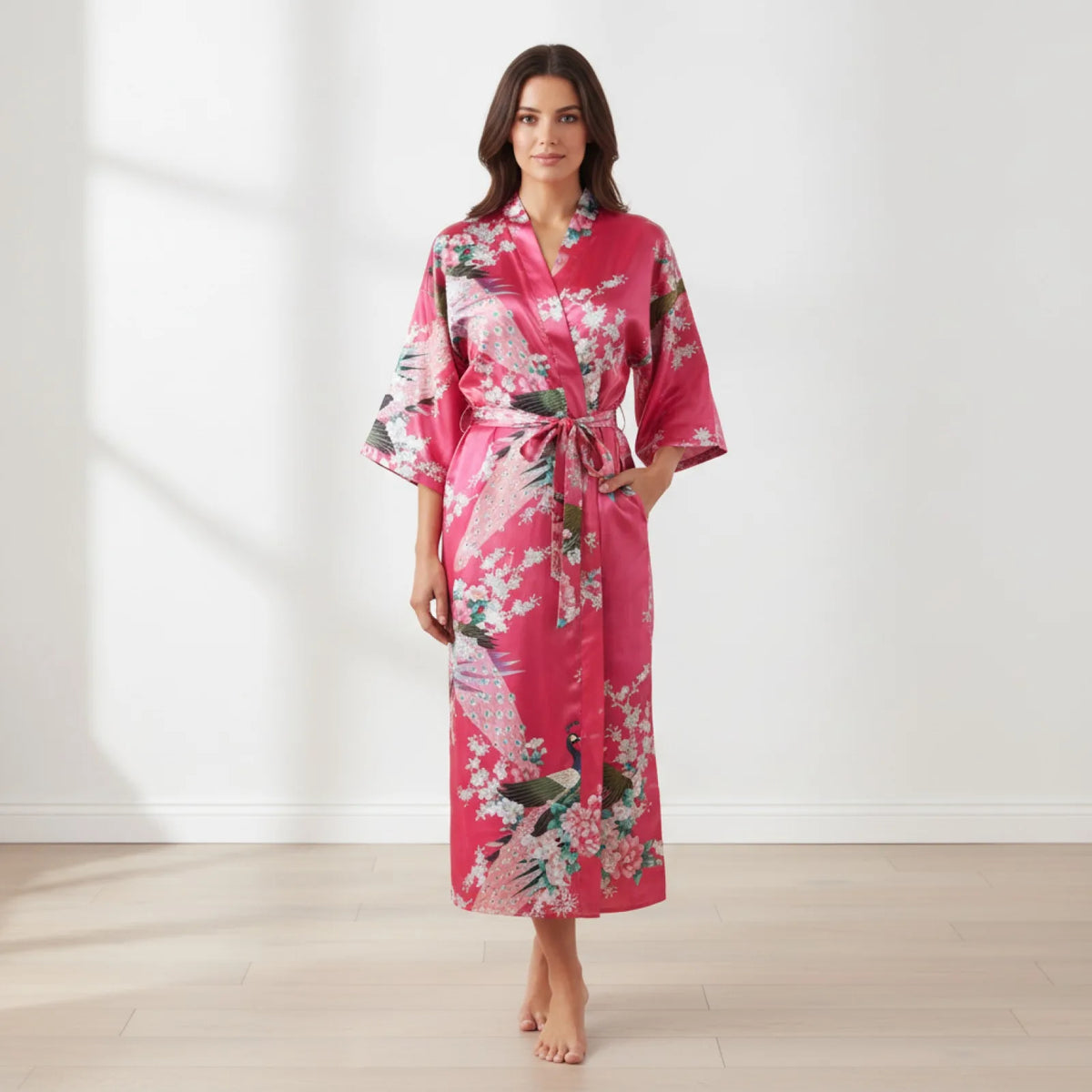 Peignoir Long Soie & Satin Motif Floral
