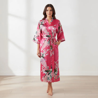 Peignoir Long Soie & Satin Motif Floral