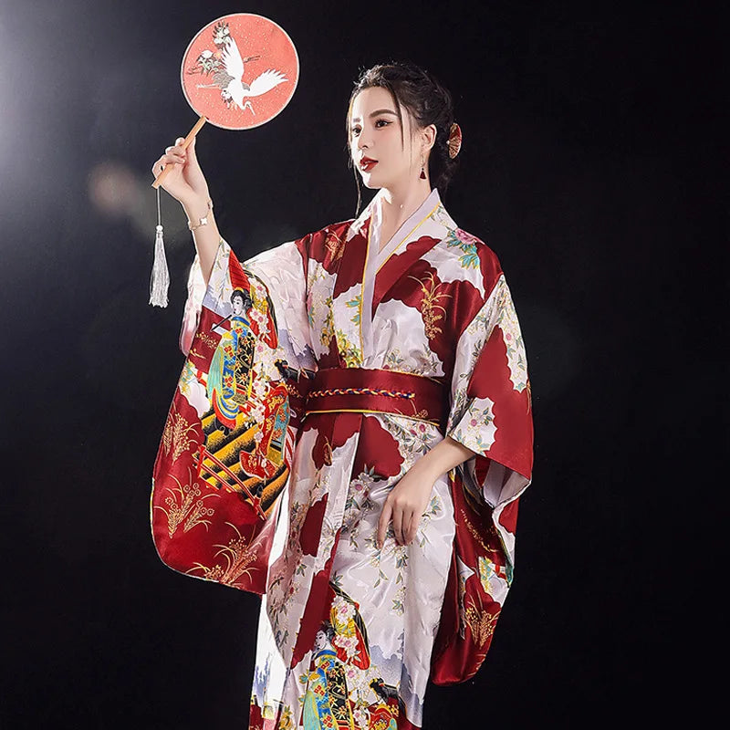 Robe Kimono Yukata traditionnelle japonaise pour femmes, bordeaux, Costumes de Cosplay à fleurs Haori asiatiques, longues Robes pyjama