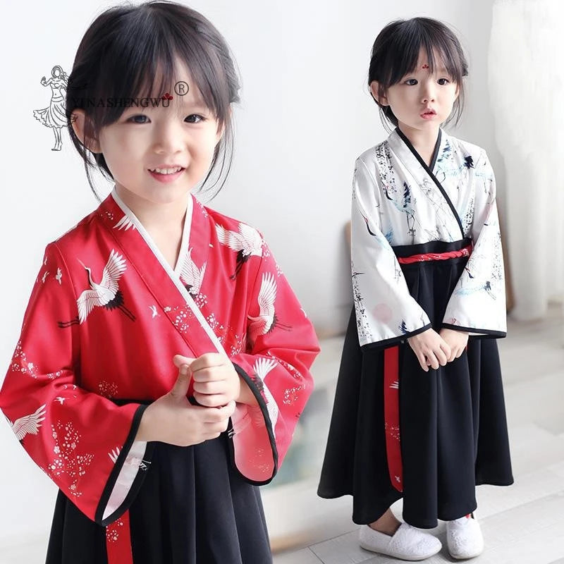 Petite fille bébé grue imprimer Robe ensemble japonais fille Robe Kimono Costume enfant broderie florale hauts jupe enfants Yukata vêtements