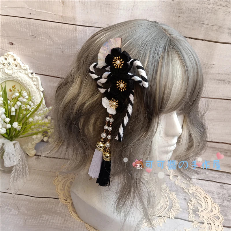 Barrettes Harajuku pour filles, Kimono de style japonais, accessoires pour cheveux en éventail de fleurs de cerisier, glands doux pour filles, pinces à cheveux à Clip latéral