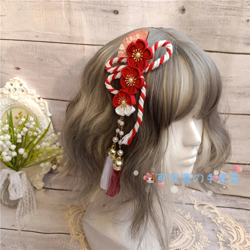 Barrettes Harajuku pour filles, Kimono de style japonais, accessoires pour cheveux en éventail de fleurs de cerisier, glands doux pour filles, pinces à cheveux à Clip latéral