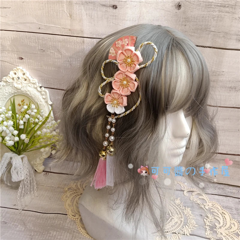 Barrettes Harajuku pour filles, Kimono de style japonais, accessoires pour cheveux en éventail de fleurs de cerisier, glands doux pour filles, pinces à cheveux à Clip latéral