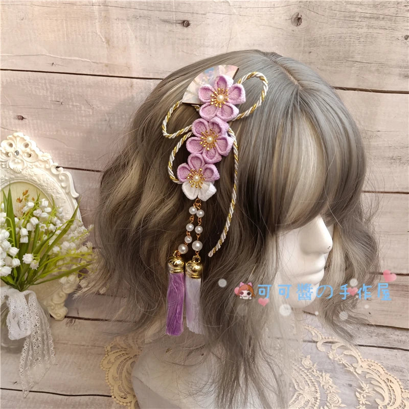 Barrettes Harajuku pour filles, Kimono de style japonais, accessoires pour cheveux en éventail de fleurs de cerisier, glands doux pour filles, pinces à cheveux à Clip latéral