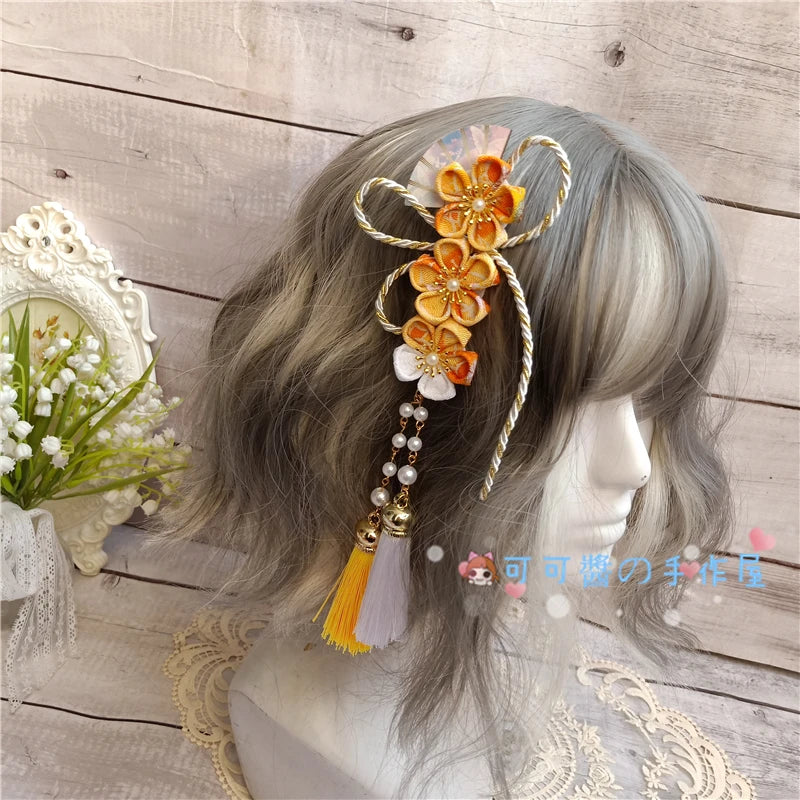 Barrettes Harajuku pour filles, Kimono de style japonais, accessoires pour cheveux en éventail de fleurs de cerisier, glands doux pour filles, pinces à cheveux à Clip latéral
