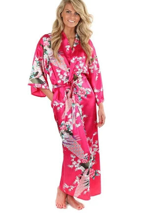 Peignoir Long Soie & Satin Motif Floral