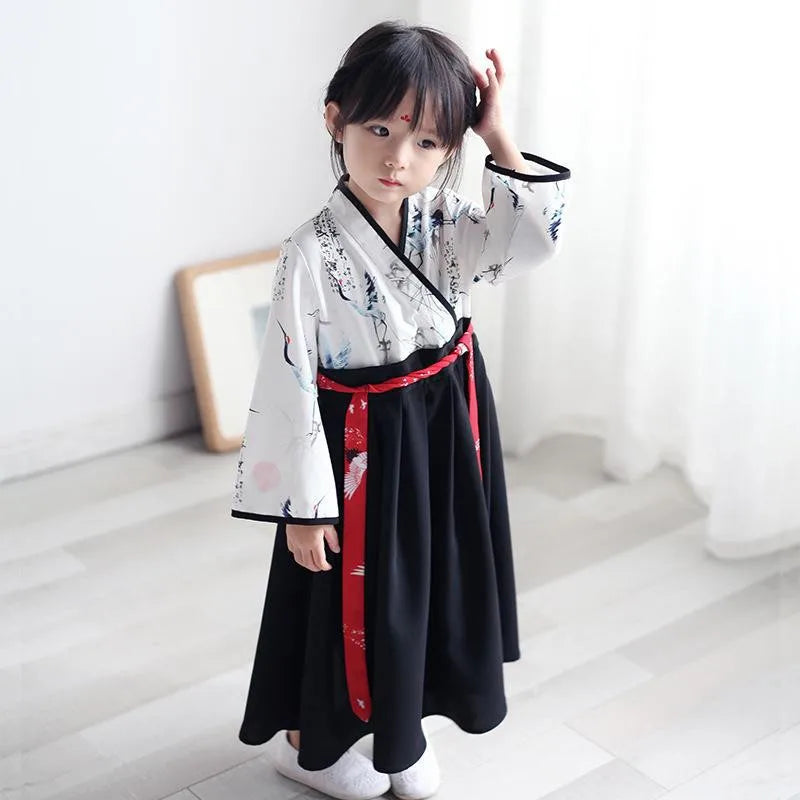 Petite fille bébé grue imprimer Robe ensemble japonais fille Robe Kimono Costume enfant broderie florale hauts jupe enfants Yukata vêtements