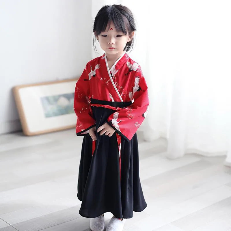 Petite fille bébé grue imprimer Robe ensemble japonais fille Robe Kimono Costume enfant broderie florale hauts jupe enfants Yukata vêtements