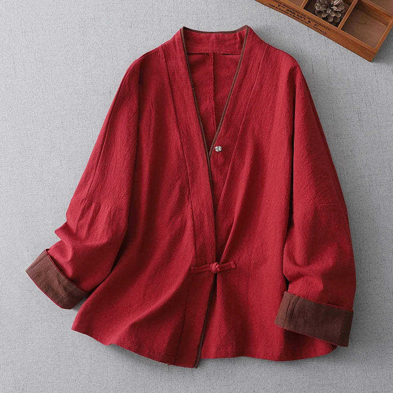 Blouse Kimono Rouge en Coton pour Femme, Cardigan Élégant Style Chinois, Haut Boutonné à Enrouler, Couleur Contrastante, Veste Printemps-Été