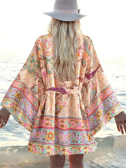 Kimono Bohème Paon Floral Vintage