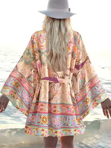Kimono Bohème Paon Floral Vintage