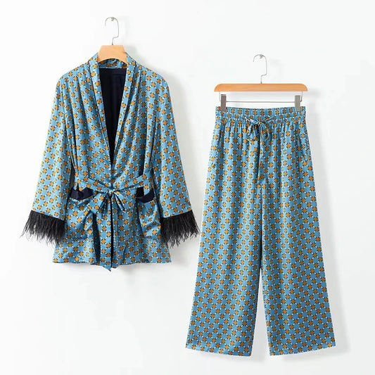 Ensemble Kimono Floral Bleu & Pantalon Large Vintage
