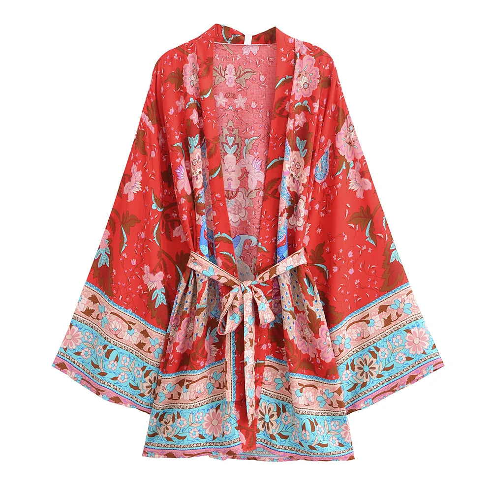 Happie Queens Vintage paon imprimé fleuri ceintures bohème Kimono femmes col en V manches chauve-souris Robe courte Boho Bikini couvertures