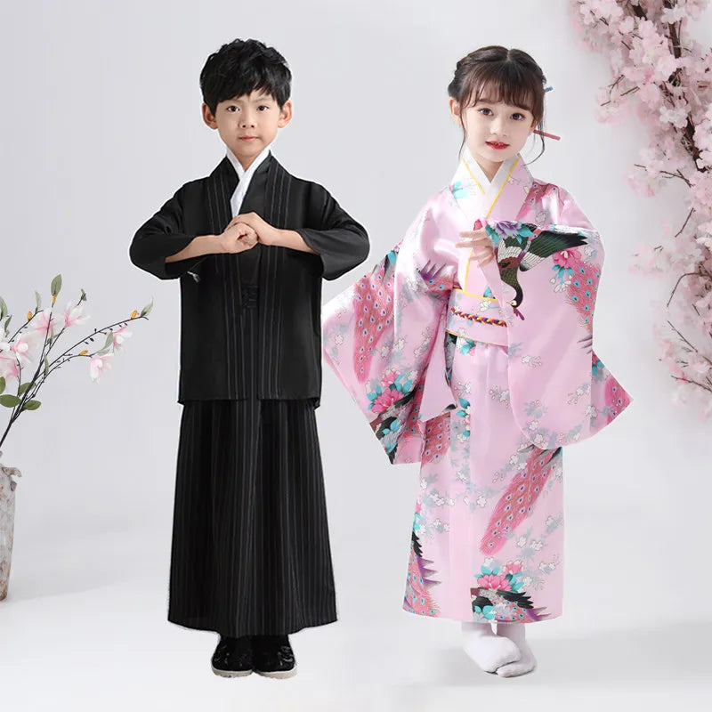Kimono traditionnel japonais pour enfants, motif paon, pour filles et garçons, idéal pour les spectacles scolaires, thème Sakura, style asiatique