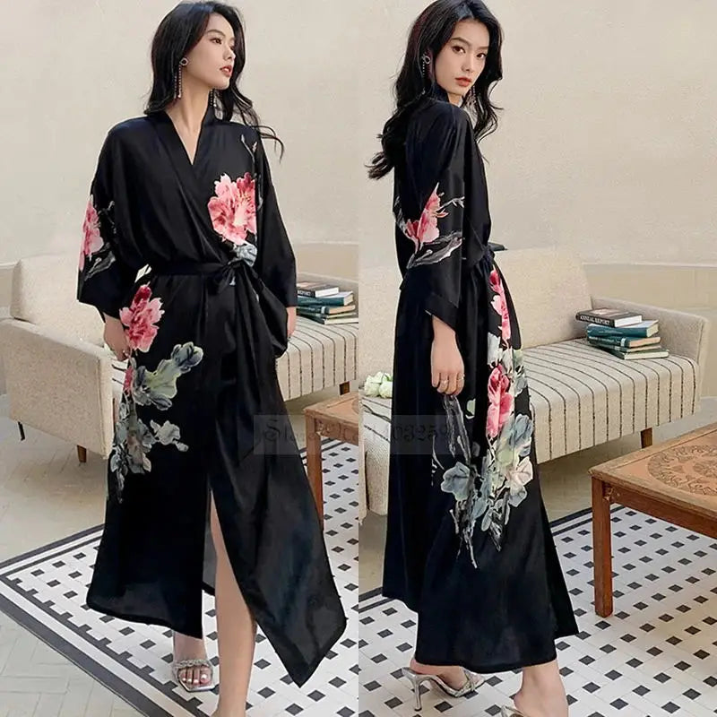Robe Longue Kimono Imprimé Floral Bohème Chic