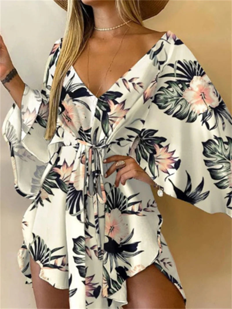 Robe de plage kimono à imprimé floral pour femme, col en V, manches chauve-souris et taille à nouer