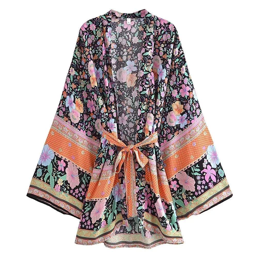 Kimono Boho imprimé floral pour femmes, col en V, manches chauve-souris, robe courte, ceintures, plage de vacances, couvertures de bikini