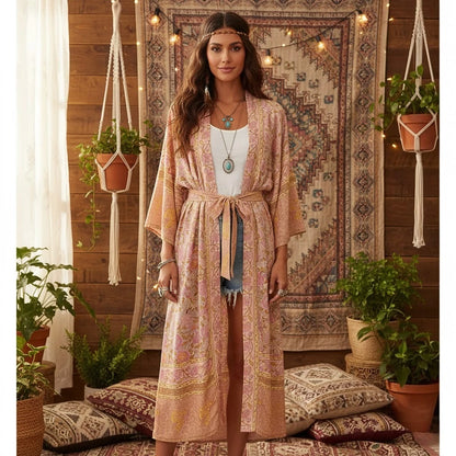 Happie Queens Kimono de plage bohème pour femme, imprimé floral rose, manches chauve-souris, en rayonne, robe longue bohème, cache-maillot de bain pour les vacances