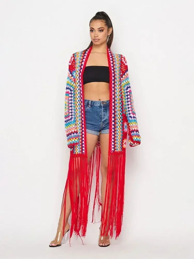Boho-Long kimono crocheté à franges fait à la main, sexy, amissié, auto ceinturé, robe ronde, vêtements de plage, maillot de bain, A1215