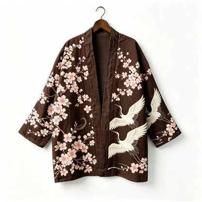 Kimono japonais unisexe en coton, style vintage, imprimé floral Sakura et grue, pour l'été, la plage, ou comme veste décontractée ample bohème