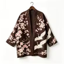 Kimono japonais unisexe en coton, style vintage, imprimé floral Sakura et grue, pour l'été, la plage, ou comme veste décontractée ample bohème