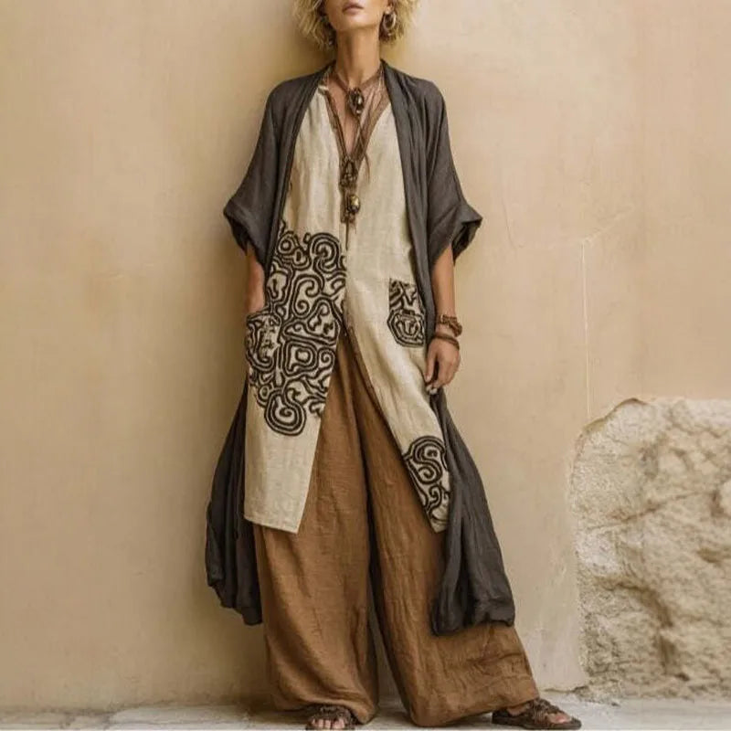 Ensemble Kimono Bohème 3 Pièces Imprimé Géométrique