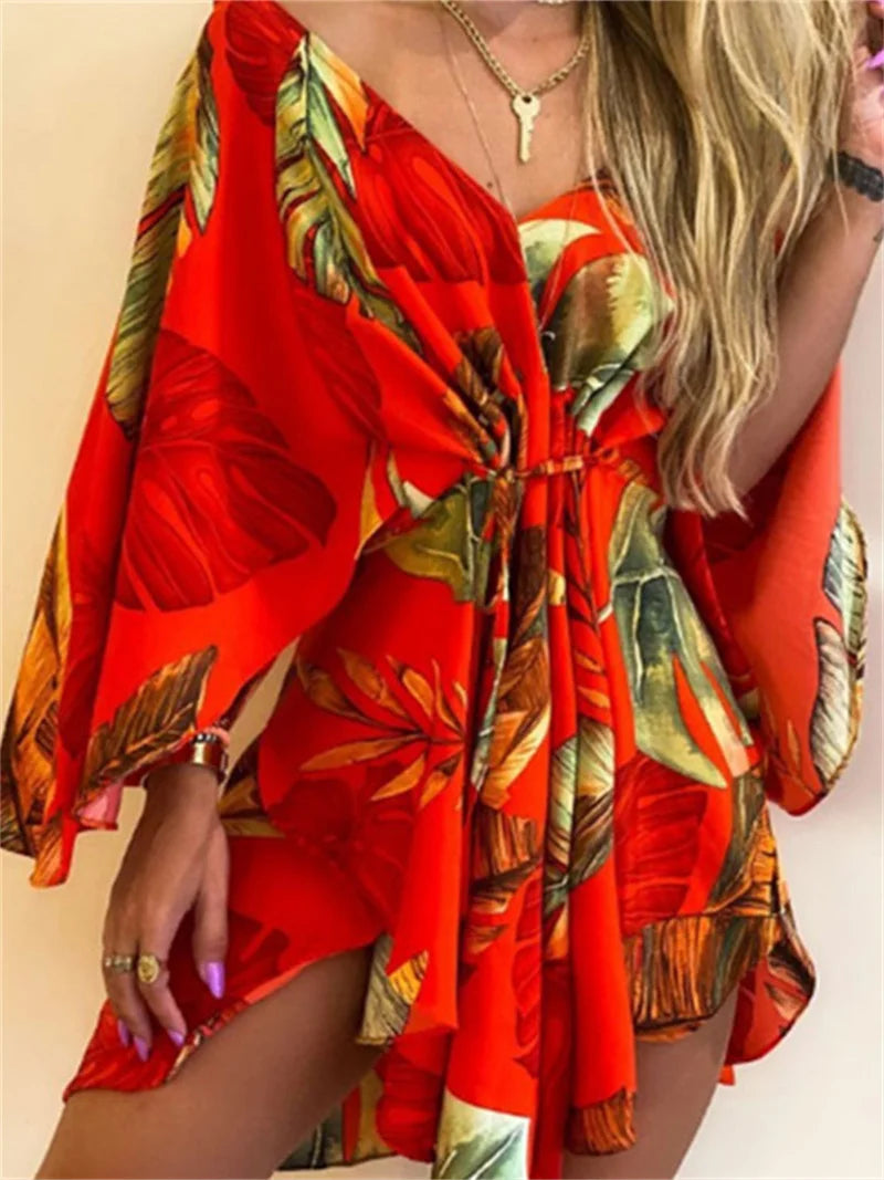 Robe de plage kimono à imprimé floral pour femme, col en V, manches chauve-souris et taille à nouer