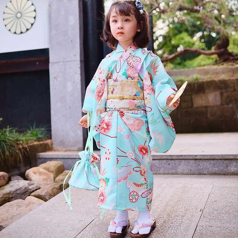 Kimono Yukata traditionnel japonais pour filles, robe vintage pour bébés et enfants, imprimé floral rétro, kimono avec Obi, pour festival, spectacle, cosplay