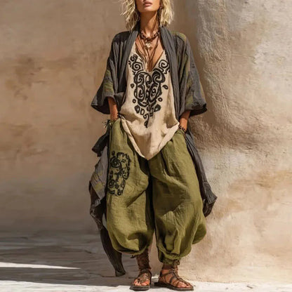 Ensemble Kimono Bohème 3 Pièces Imprimé Géométrique