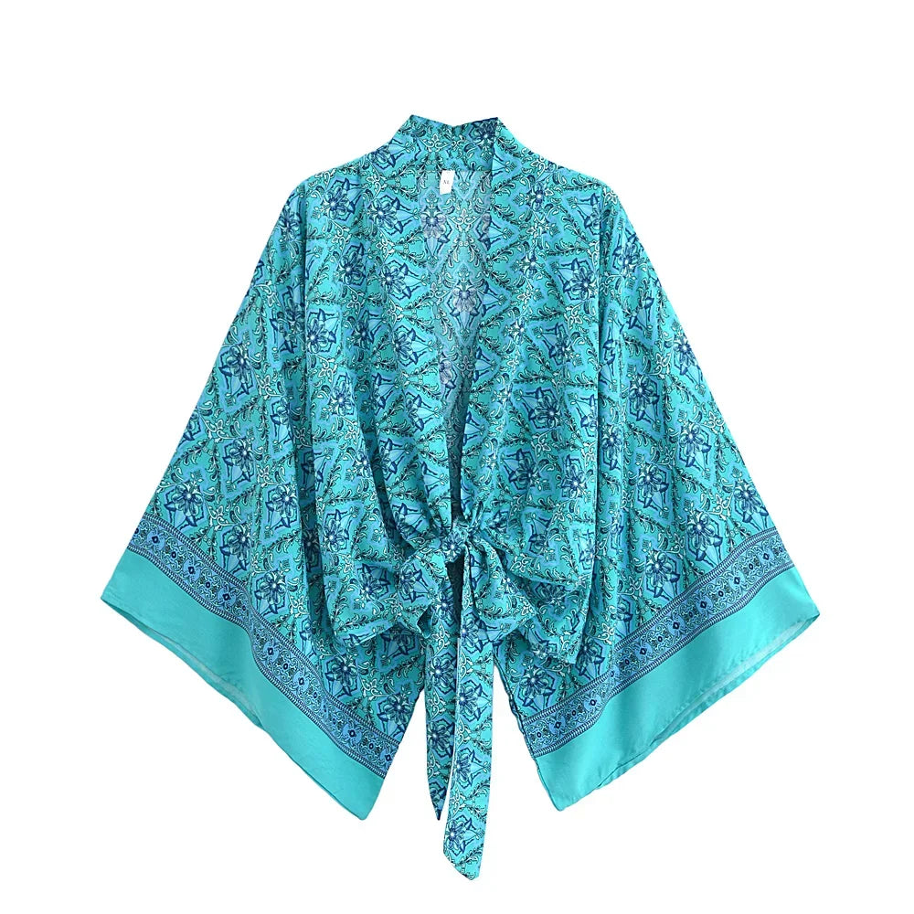 Boho Dinner ens Red Floral Beach Kimono, Short Robe, Swimsuits, Women Fashion, BatOOSleeves, Rayon, Bohemian Bikini Cover Ups, Beachwear