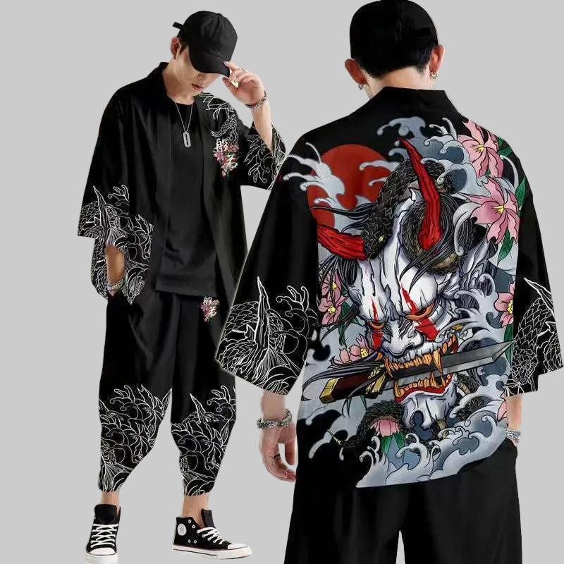 Ensemble Kimono Japonais Démon Haori & Pantalon