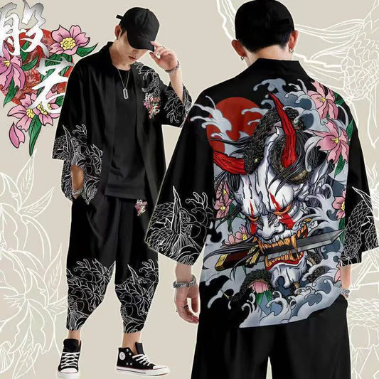 Ensemble Cardigan et pantalon Kimono japonais grande taille 5XL 6XL, chemise imprimée démon pour hommes et femmes, Costume de Cosplay Tradition Yukata Haori Obi