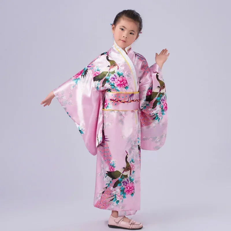 Robe de bain kimono japonaise pour enfants asiatiques, style japonais, robe Yukata paon, Obi, Haori vintage, costume de cosplay Halloween
