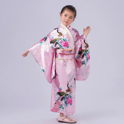 Robe de bain kimono japonaise pour enfants asiatiques, style japonais, robe Yukata paon, Obi, Haori vintage, costume de cosplay Halloween