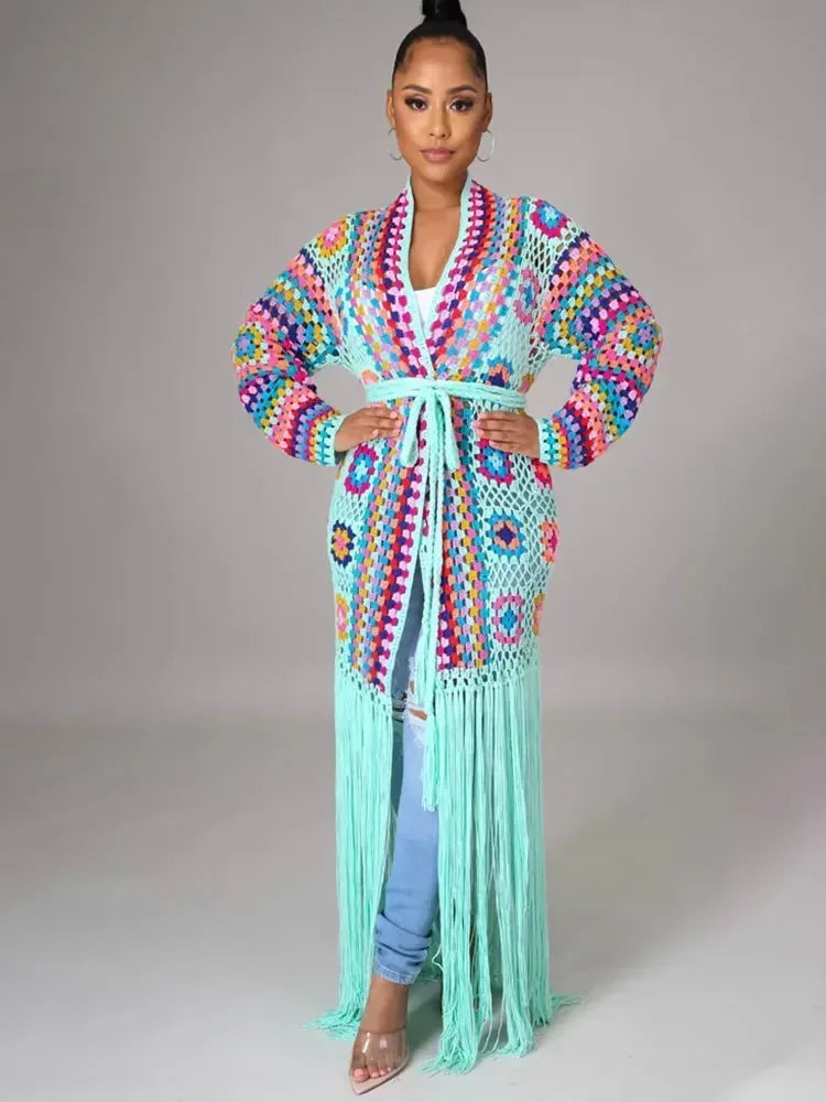 Boho-Long kimono crocheté à franges fait à la main, sexy, amissié, auto ceinturé, robe ronde, vêtements de plage, maillot de bain, A1215