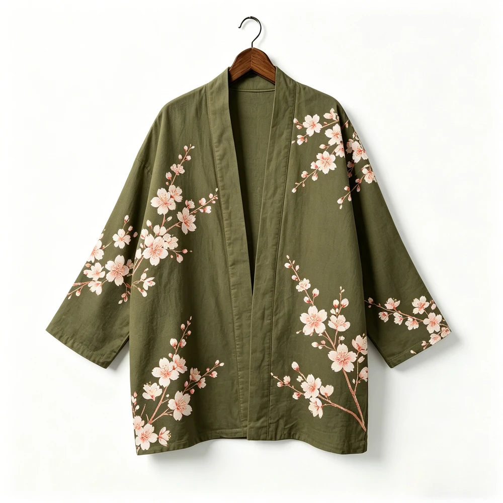 Kimono japonais unisexe en coton, style vintage, imprimé floral Sakura et grue, pour l'été, la plage, ou comme veste décontractée ample bohème