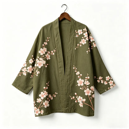 Kimono japonais unisexe en coton, style vintage, imprimé floral Sakura et grue, pour l'été, la plage, ou comme veste décontractée ample bohème
