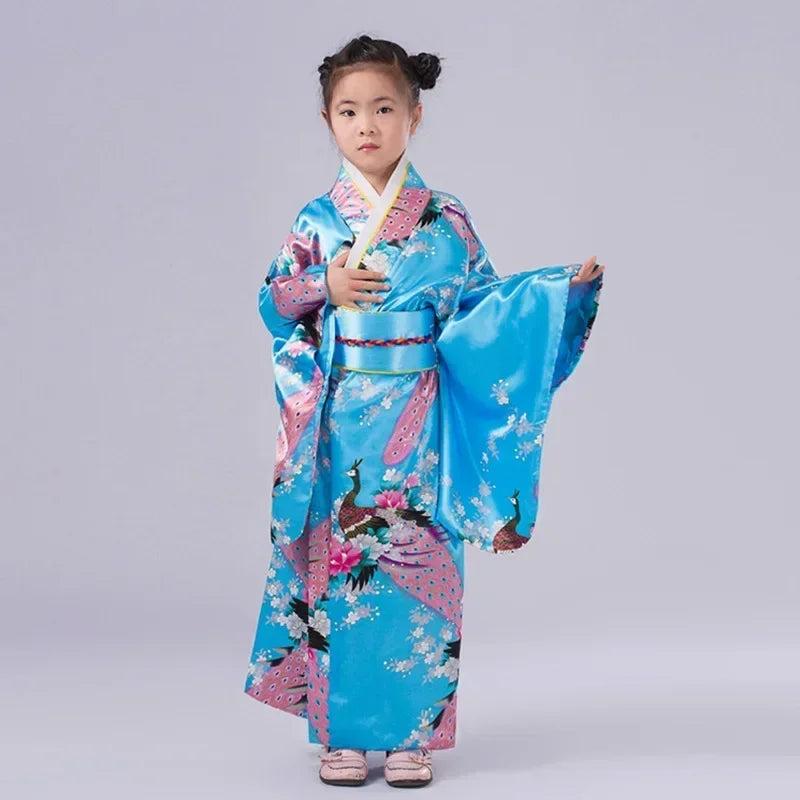 Robe de bain kimono japonaise pour enfants asiatiques, style japonais, robe Yukata paon, Obi, Haori vintage, costume de cosplay Halloween