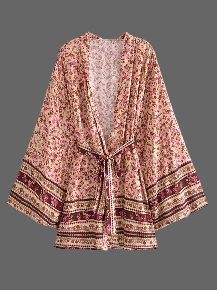 Vintage Chic femmes imprimé fleuri manches chauve-souris plage bohème courte Kimono Robe dames rayonne coton Bikini Robe Boho couvertures