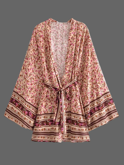 Vintage Chic femmes imprimé fleuri manches chauve-souris plage bohème courte Kimono Robe dames rayonne coton Bikini Robe Boho couvertures