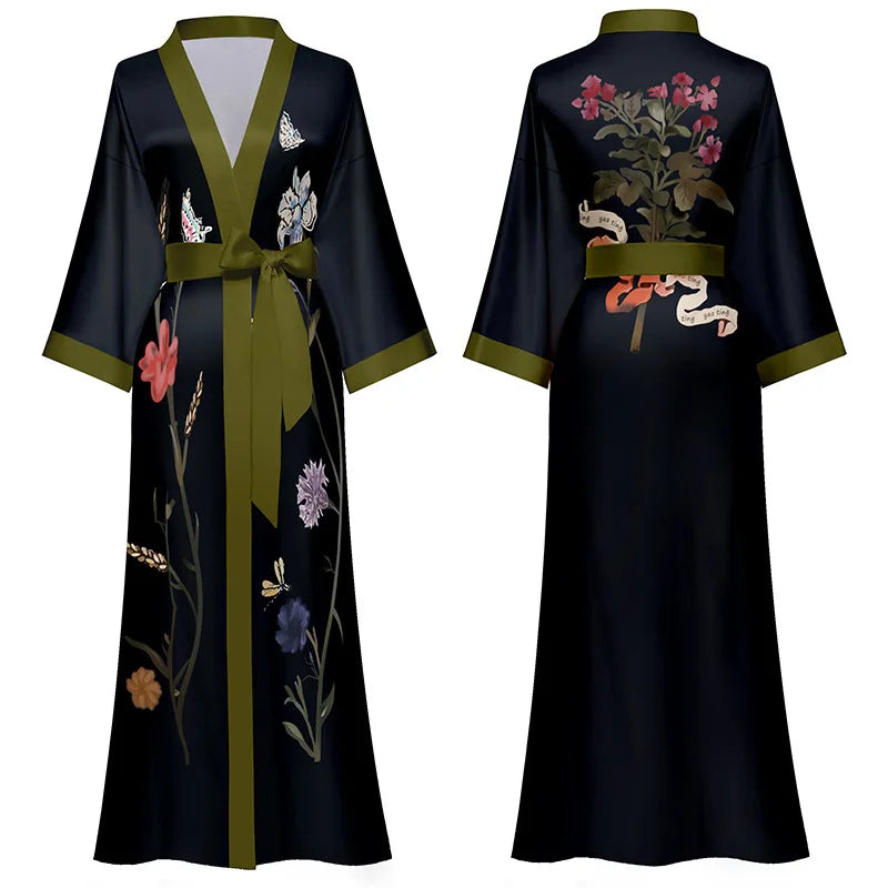 Robe Longue Kimono Imprimé Floral Bohème Chic