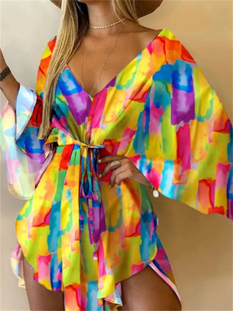 Robe de plage kimono à imprimé floral pour femme, col en V, manches chauve-souris et taille à nouer
