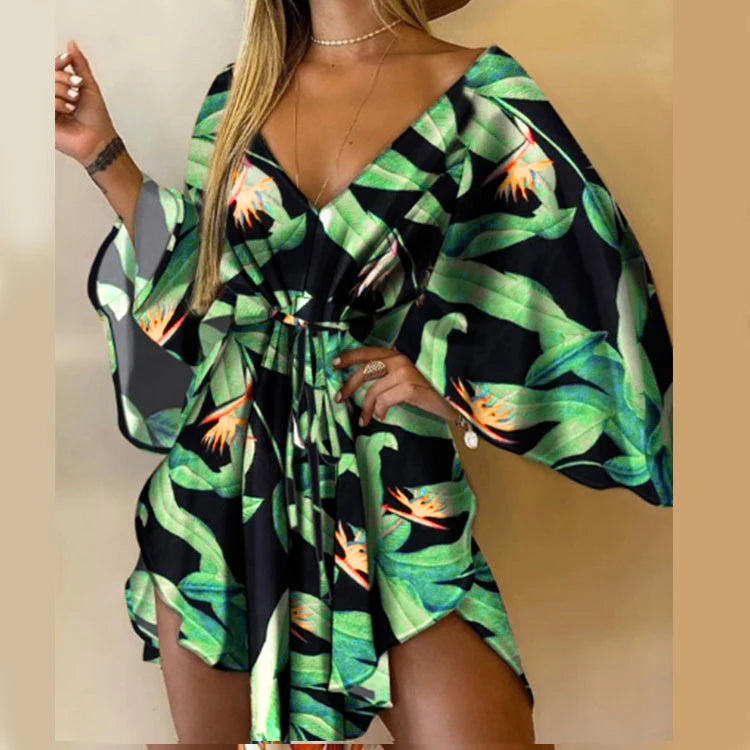 Robe de plage kimono à imprimé floral pour femme, col en V, manches chauve-souris et taille à nouer
